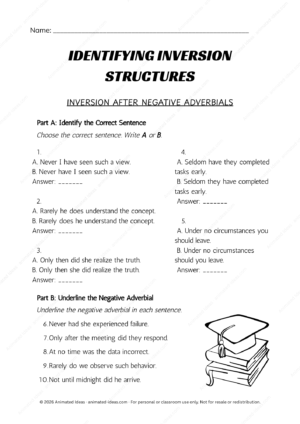 Inversion After Negative Adverbials Worksheets